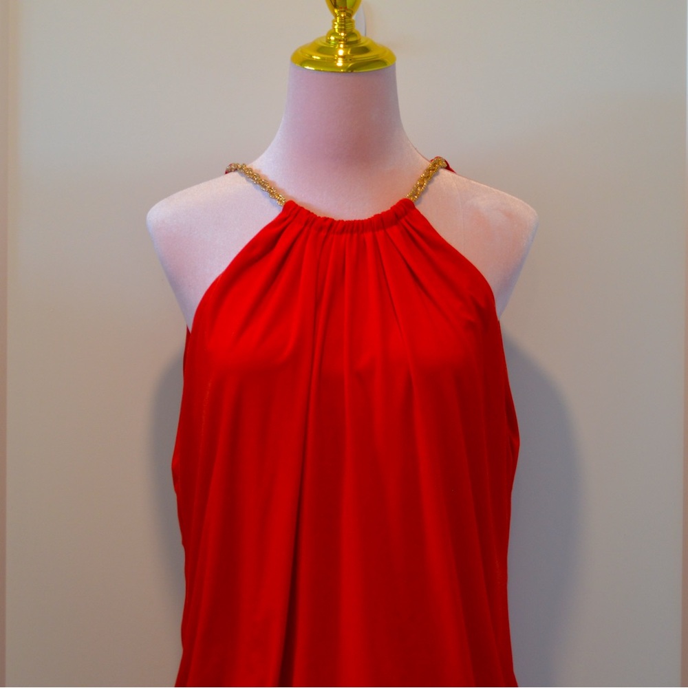 Red Cache Dress with Gold Chain Halter Neck